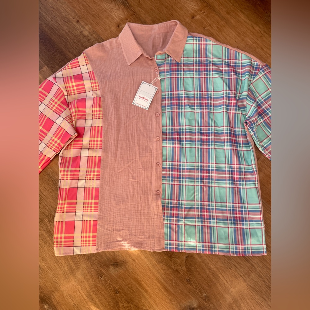 Plaid Patchwork Button Down Blouse Size Medium Pi… - image 3